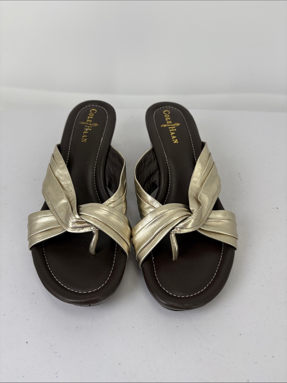 👔 Cole Haan leather wedge Metallic Gold Twisted Strap Slide Sandals